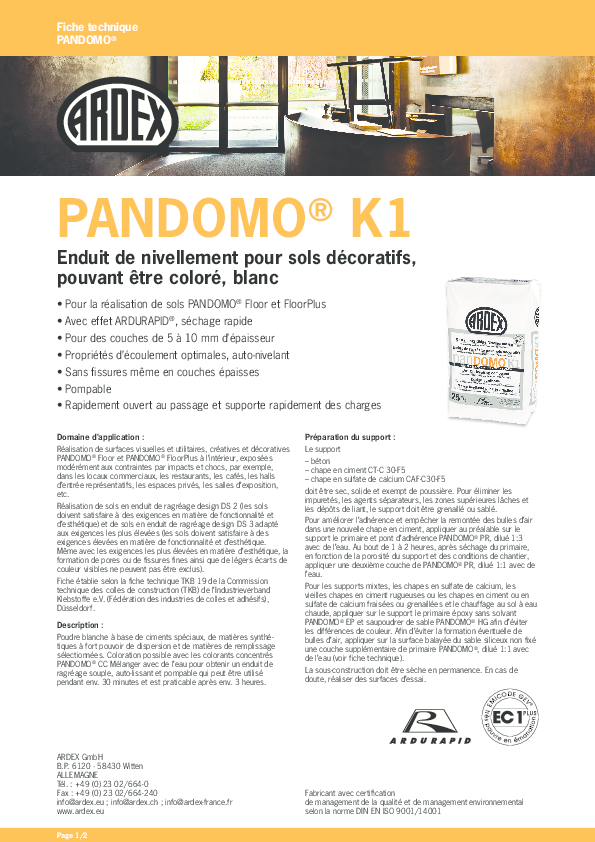 PANDOMO® K1 Fiche technique du produit